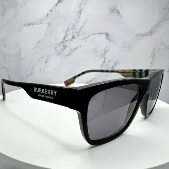 Burberry Sunglasses Black Polarized Square White Logo Solid Checkere - Picture 4 of 9